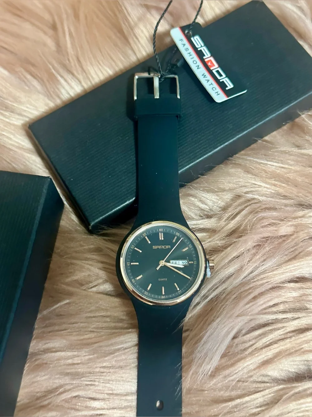 SANDA Minimal Black Silicone Smartwatch with Rose Gold Bezel